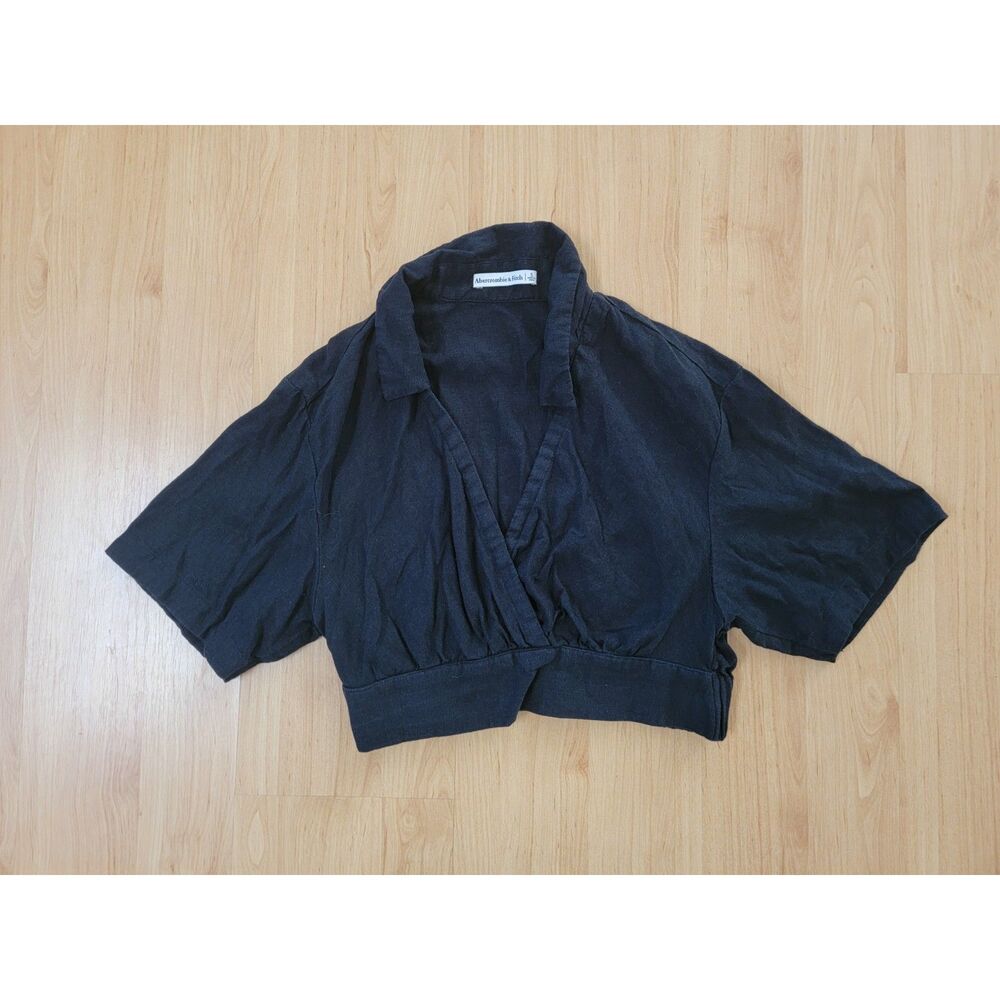 Abercrombie & Fitch Linen Blend Collared Wrap Crop Top Black Small S